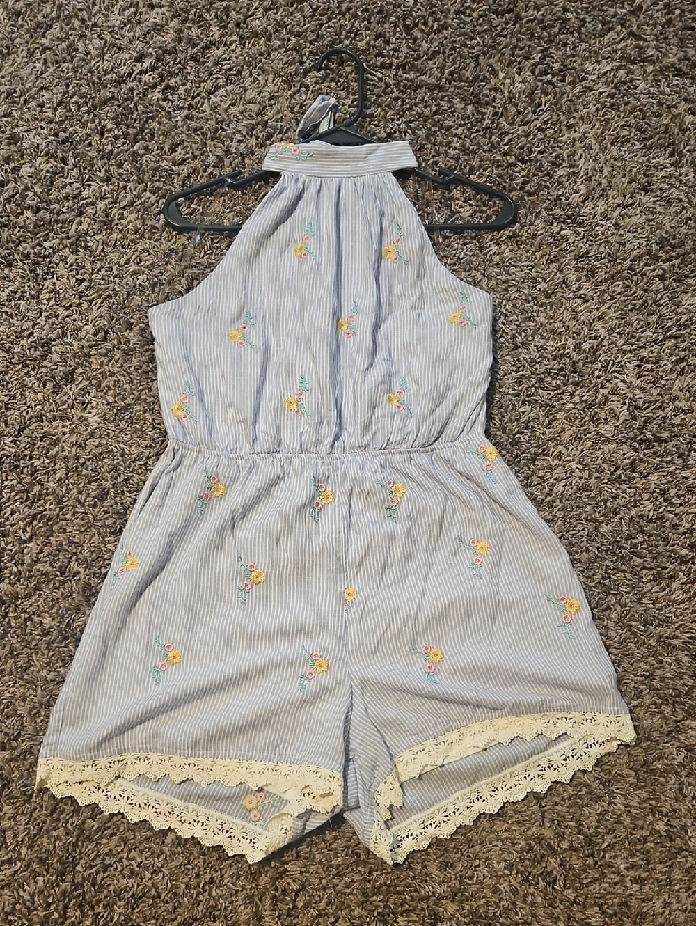 Blue Rain Light Blue & White Striped Halter Romper with Yellow Floral Embroidery